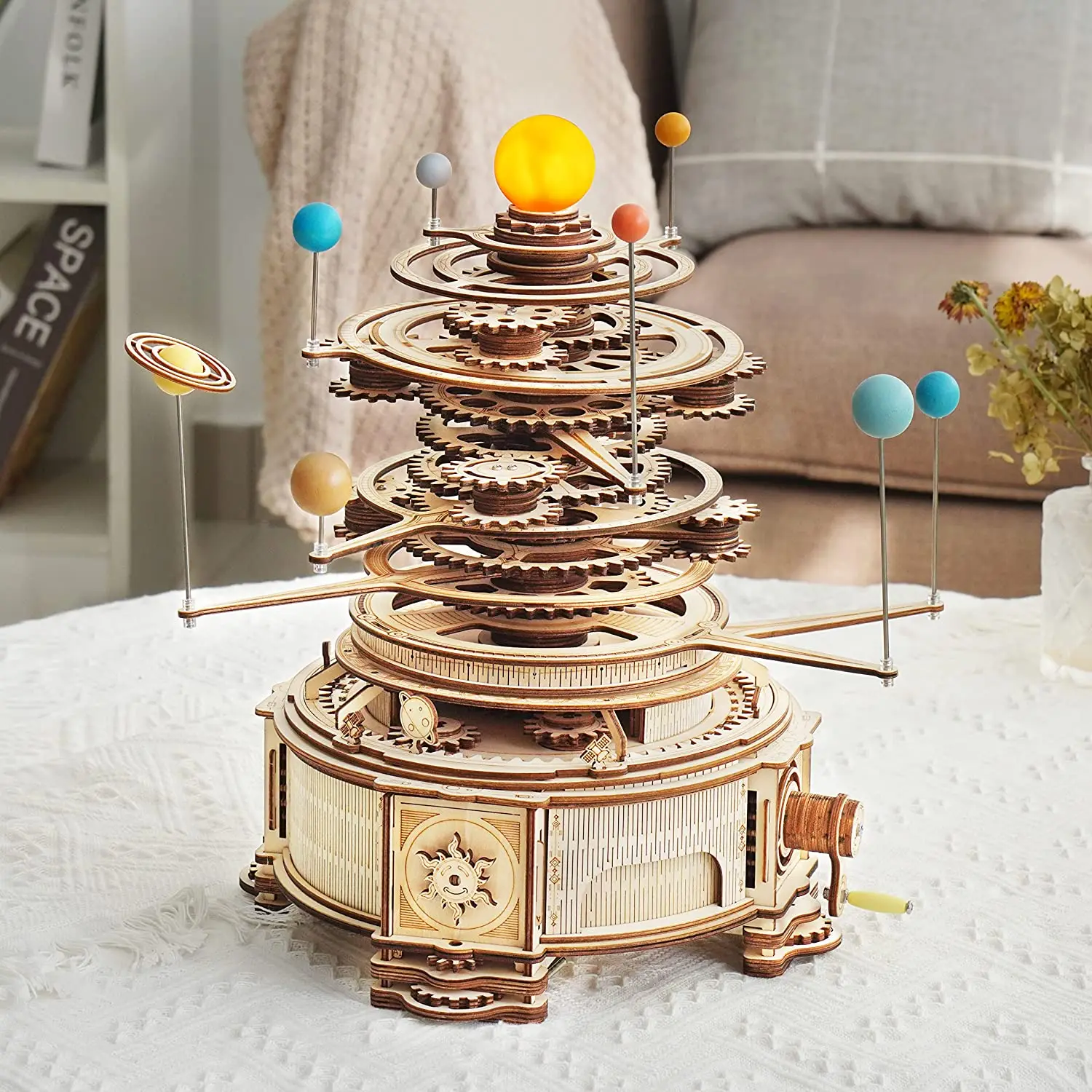 Rompecabezas 3D de madera del sistema solar ROKR – Modelo de planetario mecánico, planetas giratorios, sol iluminado, kit de manualidades para adultos