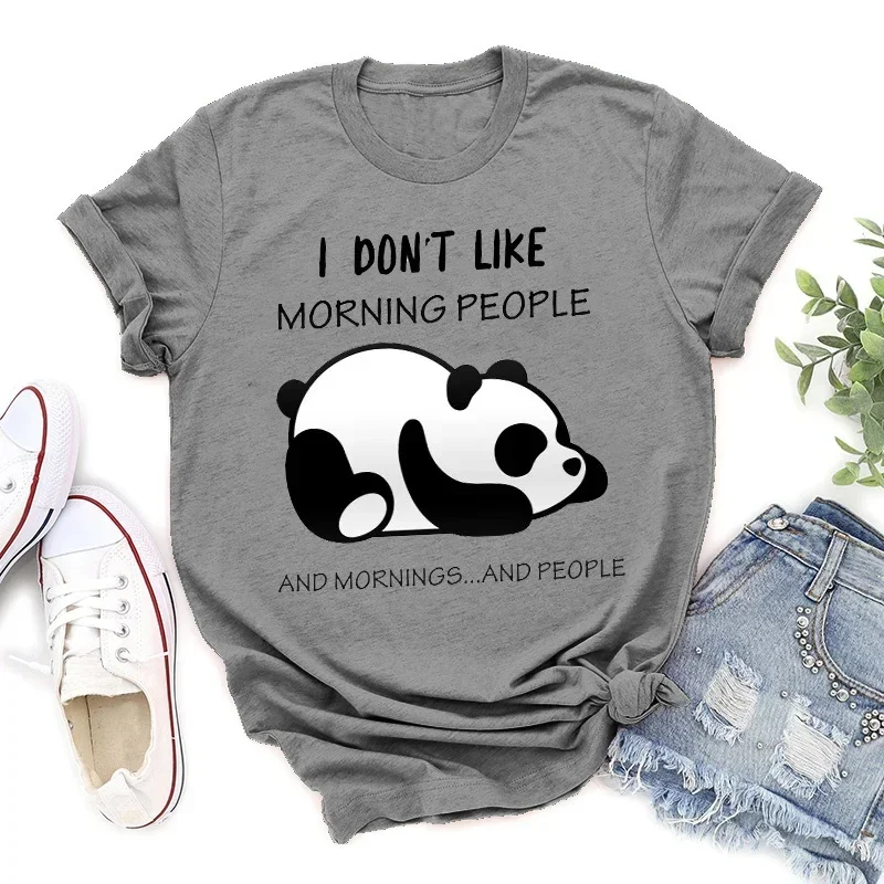 Cute Panda I Don't Like Morning People Printed T-Shirts For Women Short Sleeve Funny Round Neck Tee Shirt Casual Summer Tops