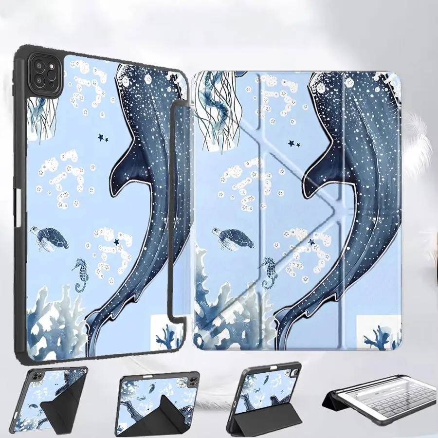 

Чехол для планшета iPad Mini 6 7 Pro 11-го 10-го 9-го 8-го 7-го поколений, 12.9-дюймовый Pro 2025, Air 4 5, M3 M2 M4 11-дюймовый, с держателем, дизайн «Глубоководный кит»