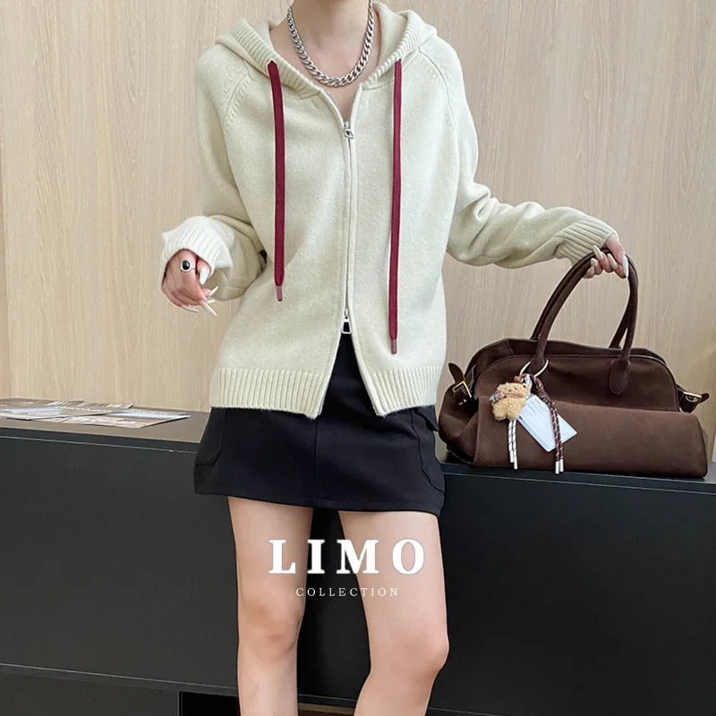 

LIMO 2025 Autumn Winter Y2K Streetwear Hooded Cardigan Acrylic Nylon Knit Zip Up Jacket Coat for Women Loose Fit Outerwear