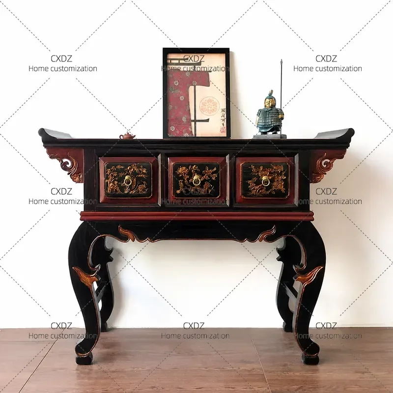 New Chinese Style Solid Wood Warped Head Entryway Table Retro Classic Storage Central Hall Case Table Multi Functional Three