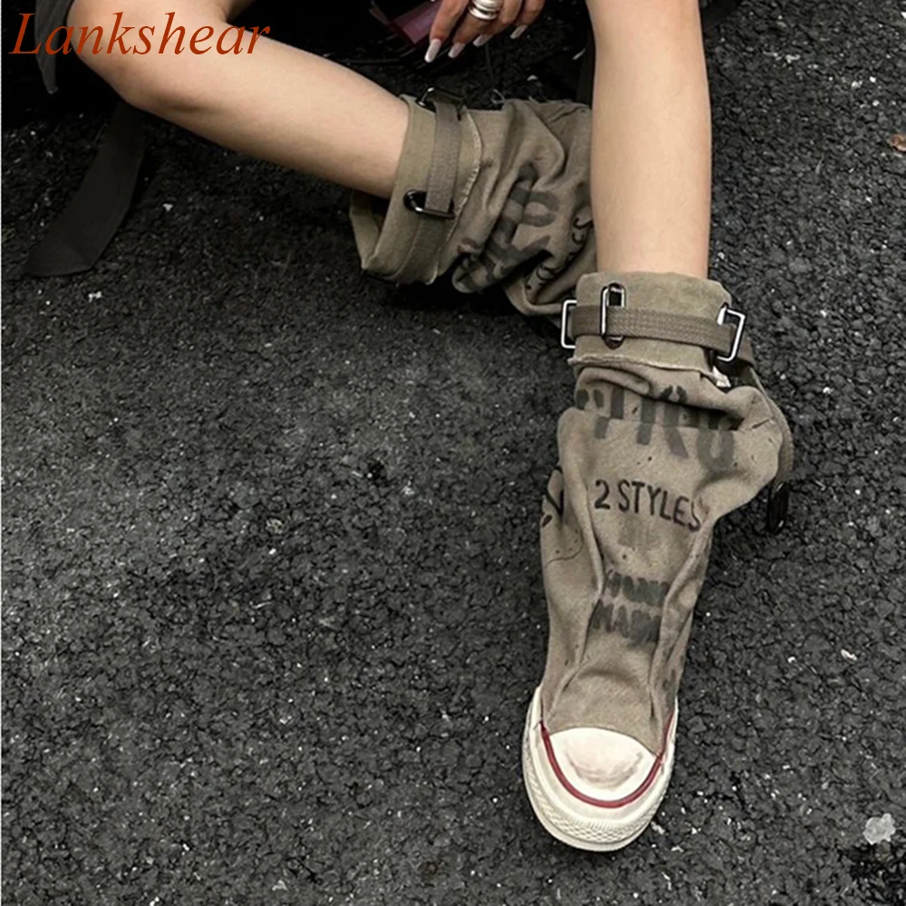 Round Toe Niche Design Women Boots Belt BuckleThick Sole Canvas Modern Party Fashion Sexy Mid Calf Women Shoes 2024 New Arrivals