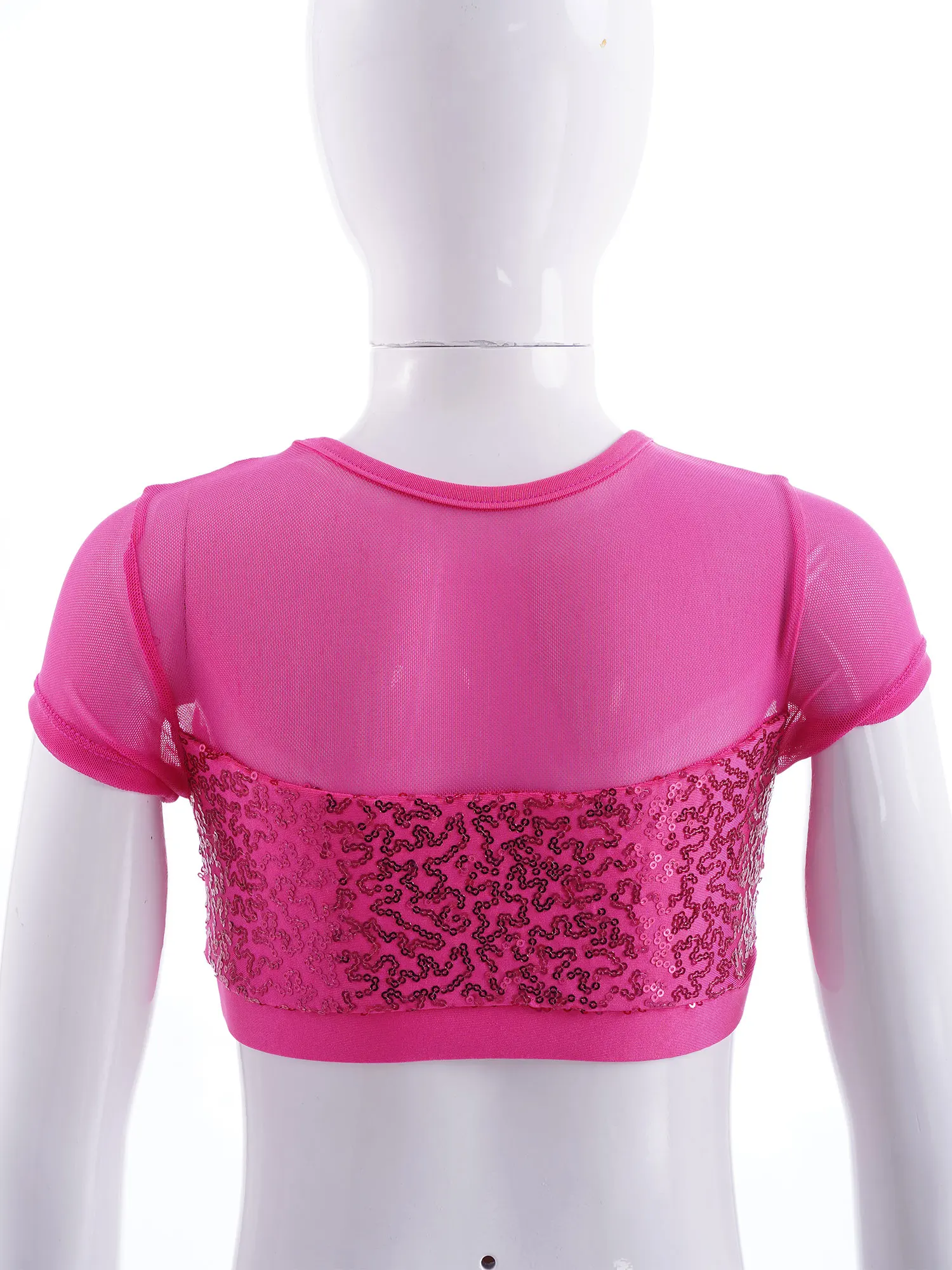 Kids Girls Dance Crop Top Mesh Short Sleeve Shiny Sequins Ballet Tops For Jazz Dancing Stage Performance Gymnastics Costume