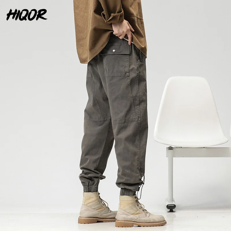 HIQOR 2023 New Autumn Trousers Fashion Straight Casual Men\'s Baggy Overalls Work Pantalones Harem Elastic Waist Pants Grey Khaki