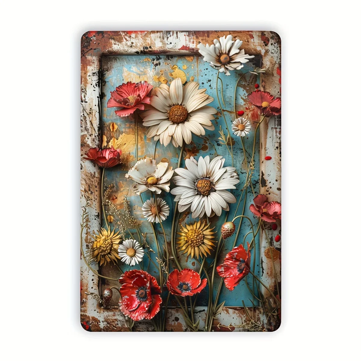 3D Daisy Vintage Metal Tin Sign, Scratchboard Iron Wall Art, Rustic Floral Decor for Indoor Outdoor, Home, Bedroom, Office, S