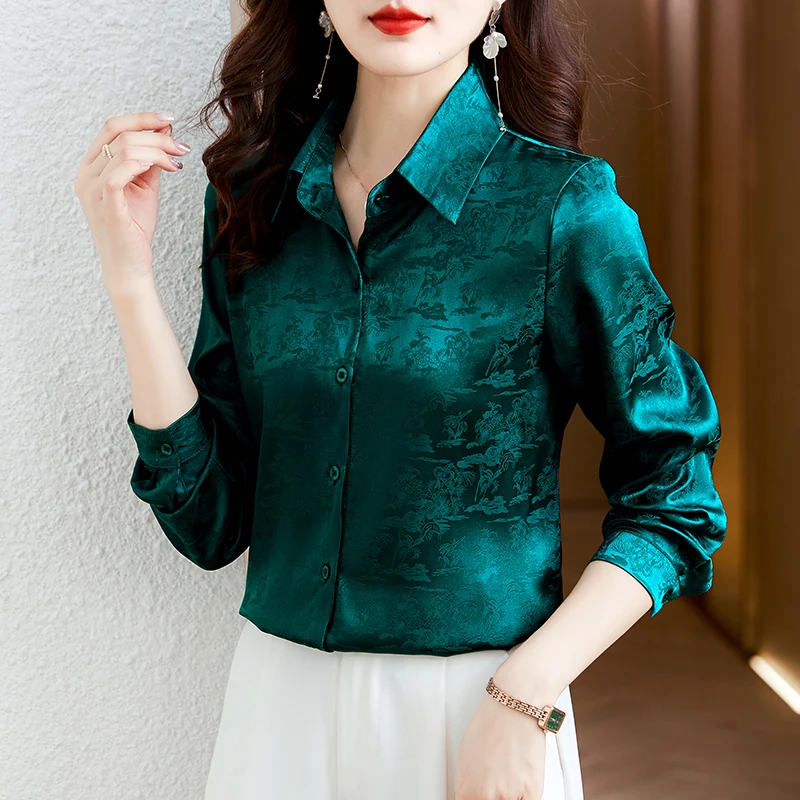 Chemise Jacquard en Satin pour femmes, élégante, mode printemps-automne, hauts professionnels, col rabattu, simple boutonnage, chemisier pour femmes