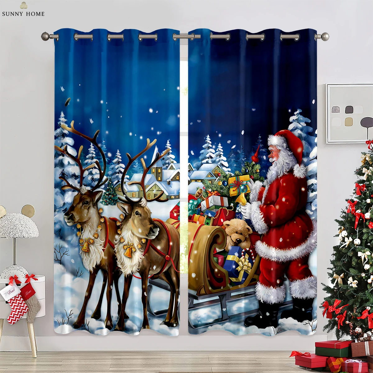 

Santa Claus Elk Snowman Socks Cartoon Print Curtains Bedroom Dining Room New Year Party Decorative Curtains 2 Pieces