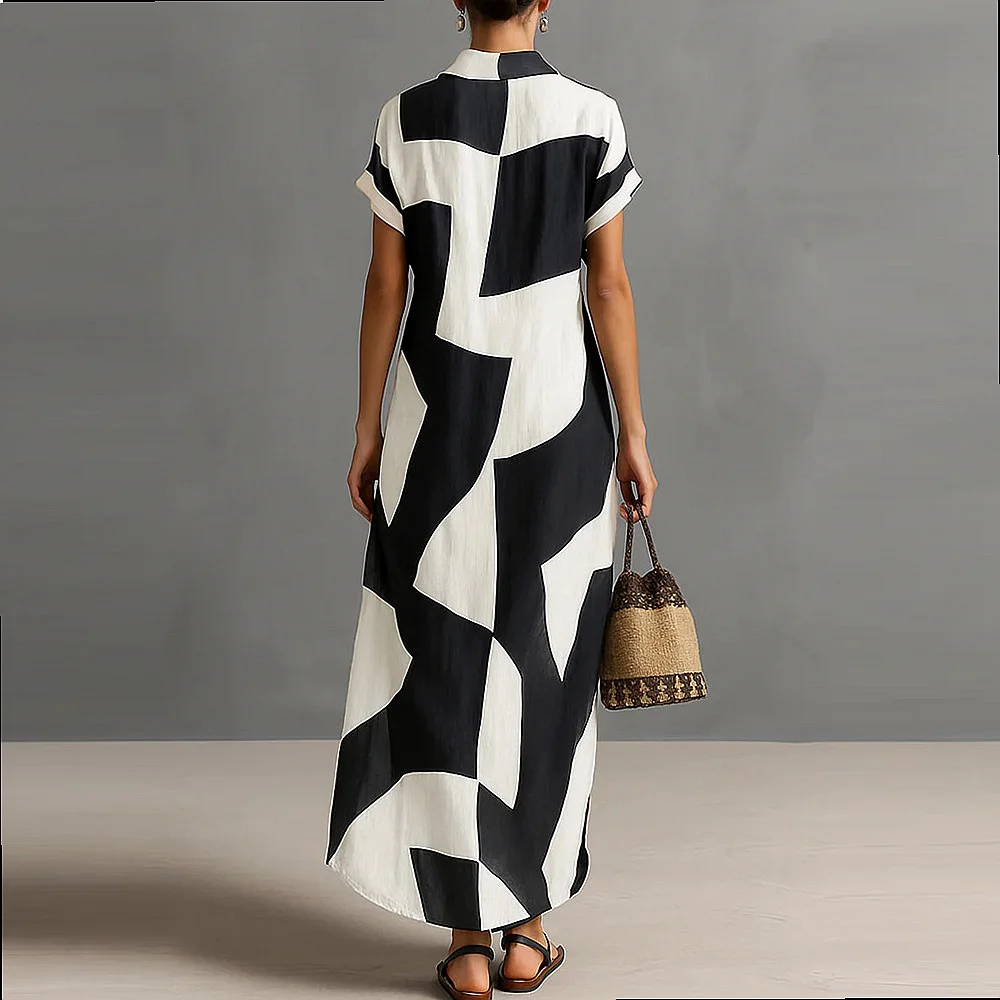 2026 Summer Geometric Print Shirt Dress Long Dresses Women Casual Vacation Sunscreen