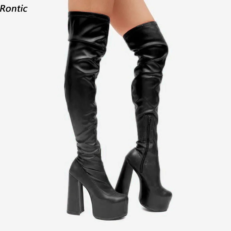 

Rontic New Women Spring Thigh Boots Stretch Faux Leather Block Heels Round Toe Elegant Black Party Shoes Ladies US Size 5-20