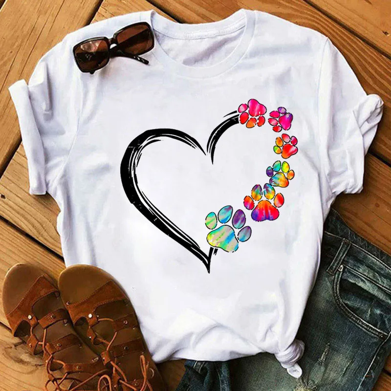 

Cute T-shirt Tops Creative Heart Dog Paw Print Fashion Casual Tops Summer simple Ladies tee shirt short-sleeved t shirt