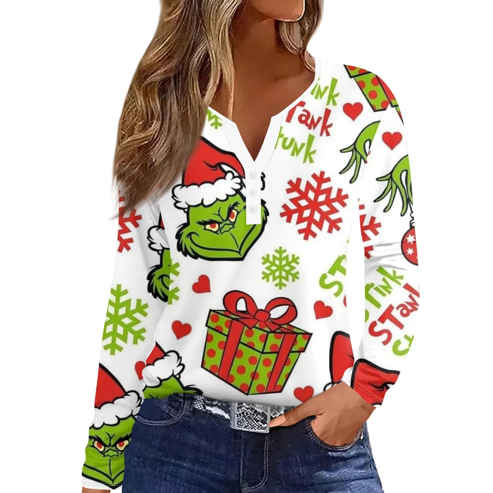 Women\'s Straight Shoulders Christmas Print Long Sleeve Straight Shoulders V-Neck Button T-Shirt Top