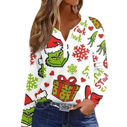 Women's Straight Shoulders Christmas Print Long Sleeve Straight Shoulders V-Neck Button T-Shirt Top