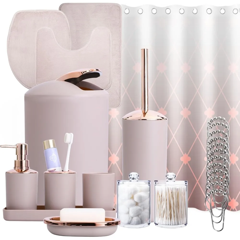 

Beige Bathroom Set with Shower Curtain and Rugs 25 Pieces Complete - Trash Can, Soap Dispenser, Soap Dish, Toilet Brush, Toothbr
