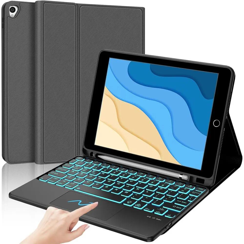 Detachable Wireless Keyboard with Touchpad for 10.2 iPad 9th/8th/7th Gen, 7-Color Backlit, Slim Cover with Pencil Slot