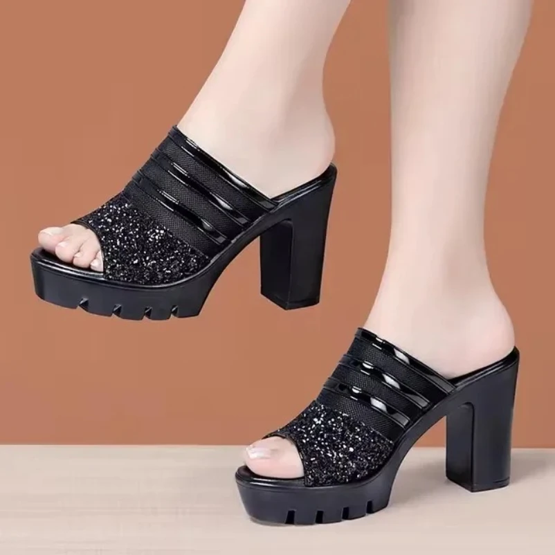 2025 10 سنتيمتر ashion الأحذية النعال المرأة الصيف المفتوحة تو منصة الدانتيل الأسود عالية الكعب اللمحة تو حذاء بكعب سميك الصنادل الحفلات 32 43 #4