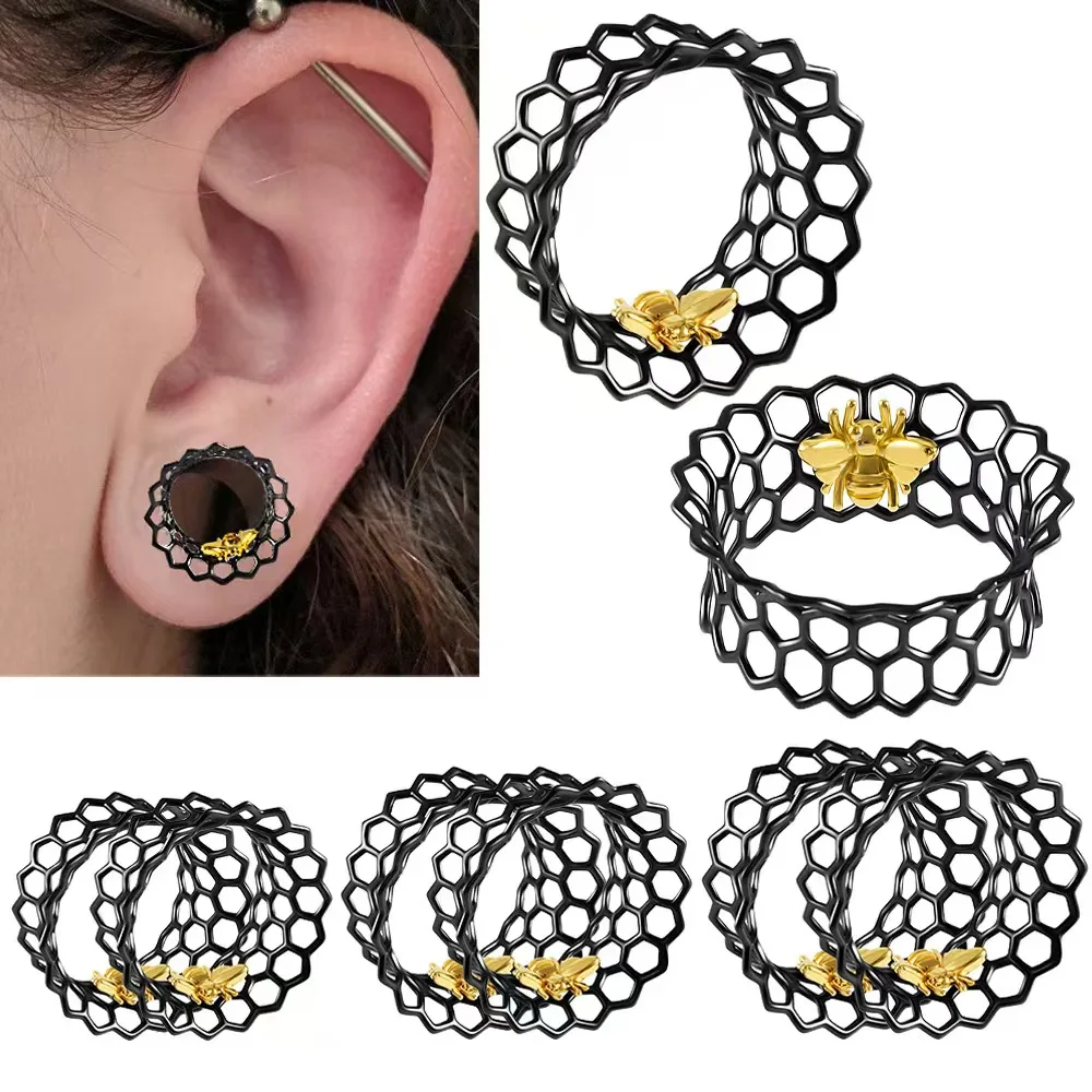 

2PCS Copper Hollow Honeycomb Single Flare Plug Ear Tunnels Bees Stretcher Expander Gauges for Men Women Piercing Jewelry