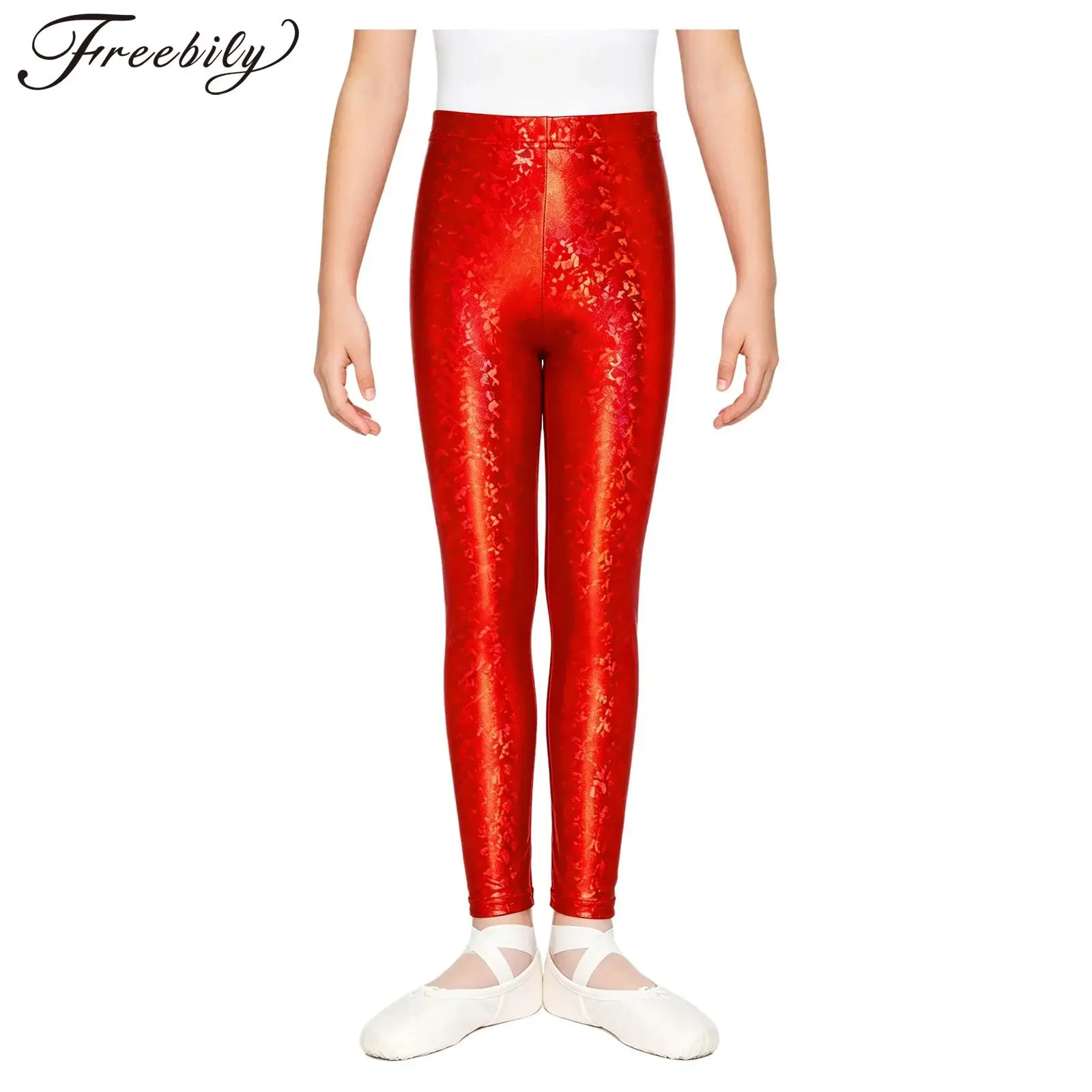 Kids Boys Girls Metallic Shiny Leggings Ballet Dance Gymnastics Costume Elastic Waistband Skinny Pants Hip Hop Jazz Dancewear