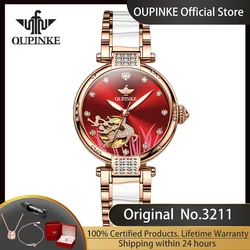 OUPINKE 3211 Hollow Out Diamond Deer Automatic Watch for Women Japan Mechanical Movement Ceramic Strap Luxury Ladies Writwatches