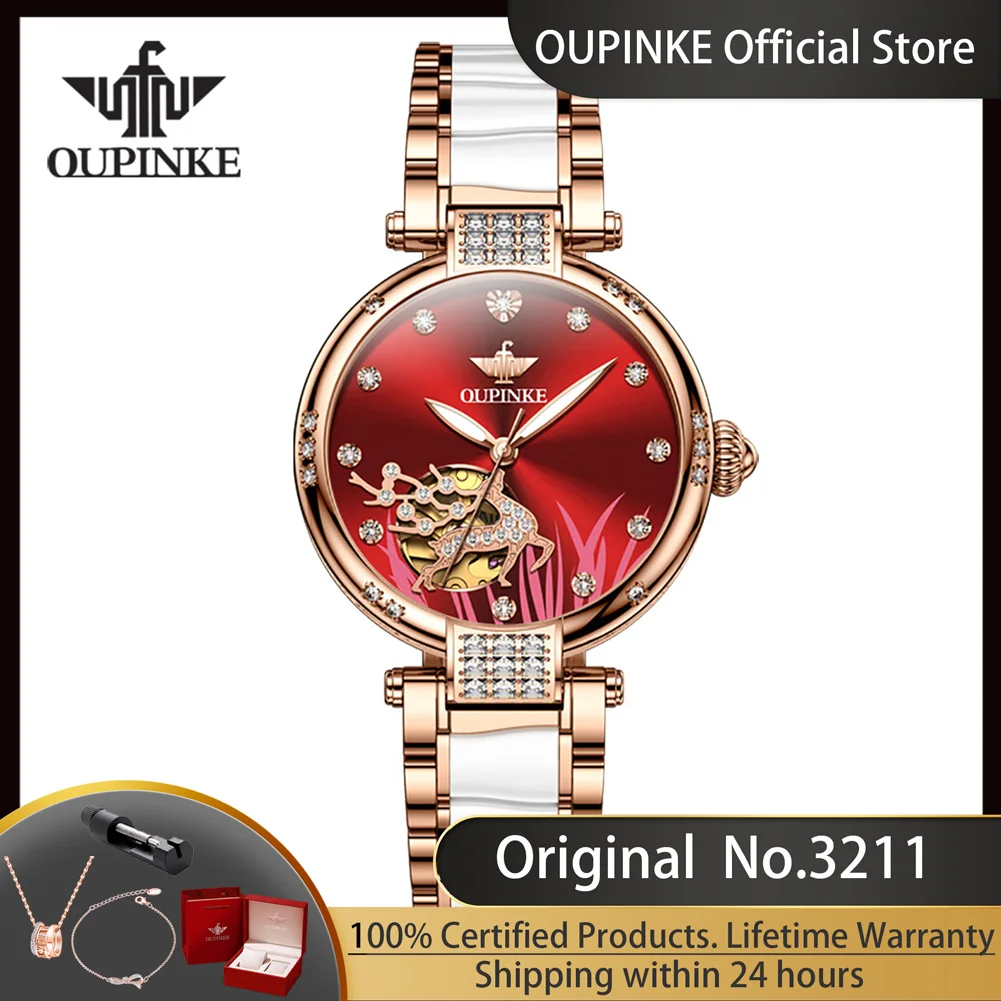 OUPINKE 3211 Hollow Out Diamond Deer Automatic Watch for Women Japan Mechanical Movement Ceramic Strap Luxury Ladies Writwatches