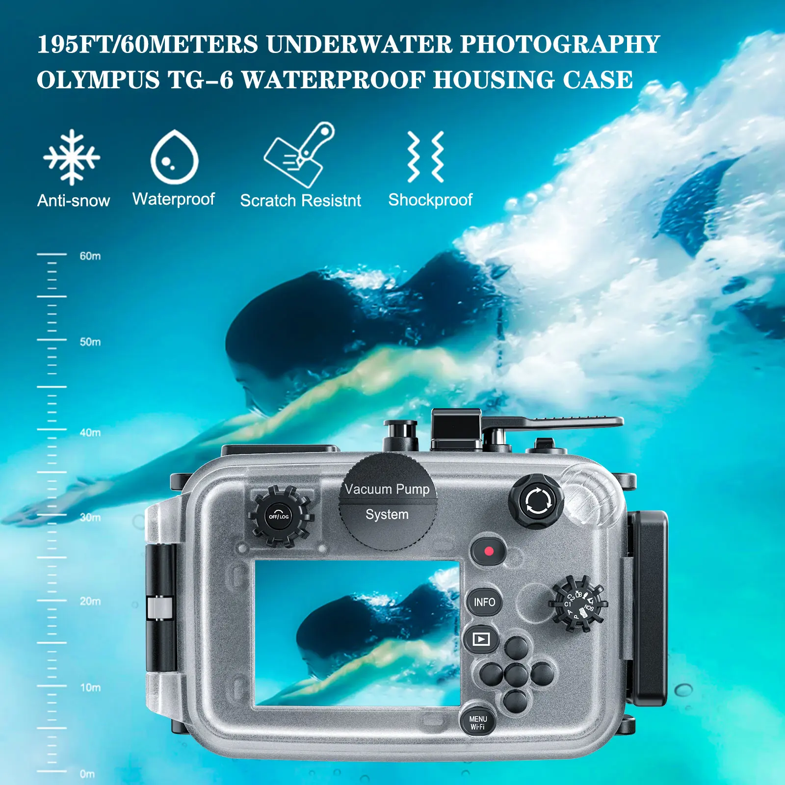 Case 60m/195ft Diving Underwater Waterproof Camera Housing Case for Olympus TG-6 Camera IPX8 with Dual Fiber-Optic Port