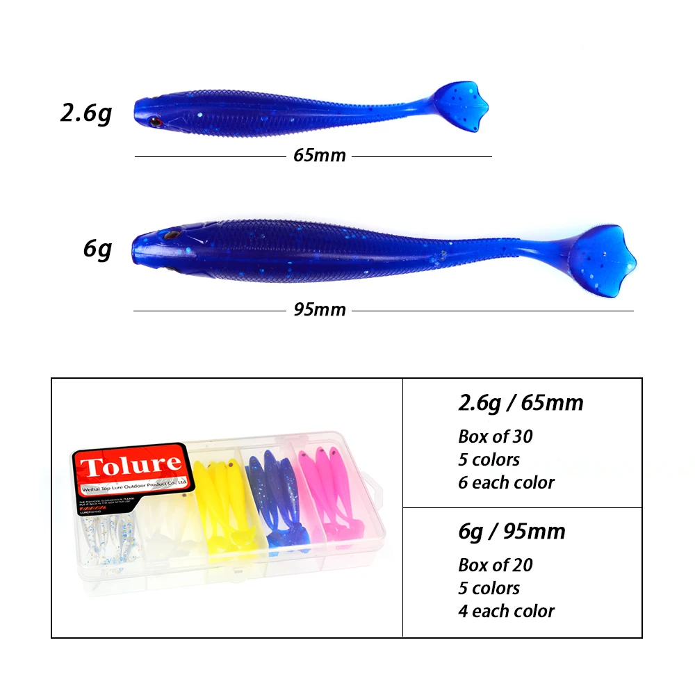 TOLU T-Tail Soft Fishing Lure Silicone Bait 5 Colors 2.6g/6g 30Pcs/20Pcs Wobblers Leurre Souple Swimbait Pesca Fishing Tackle