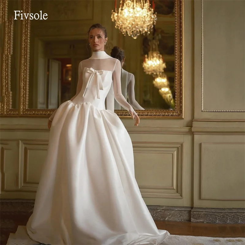 

Fivsole Trendy Bow High Neck A Line Wedding Dress Transparent Long Sleeves Bride Dresses Floor Length Wedding Gown Customized