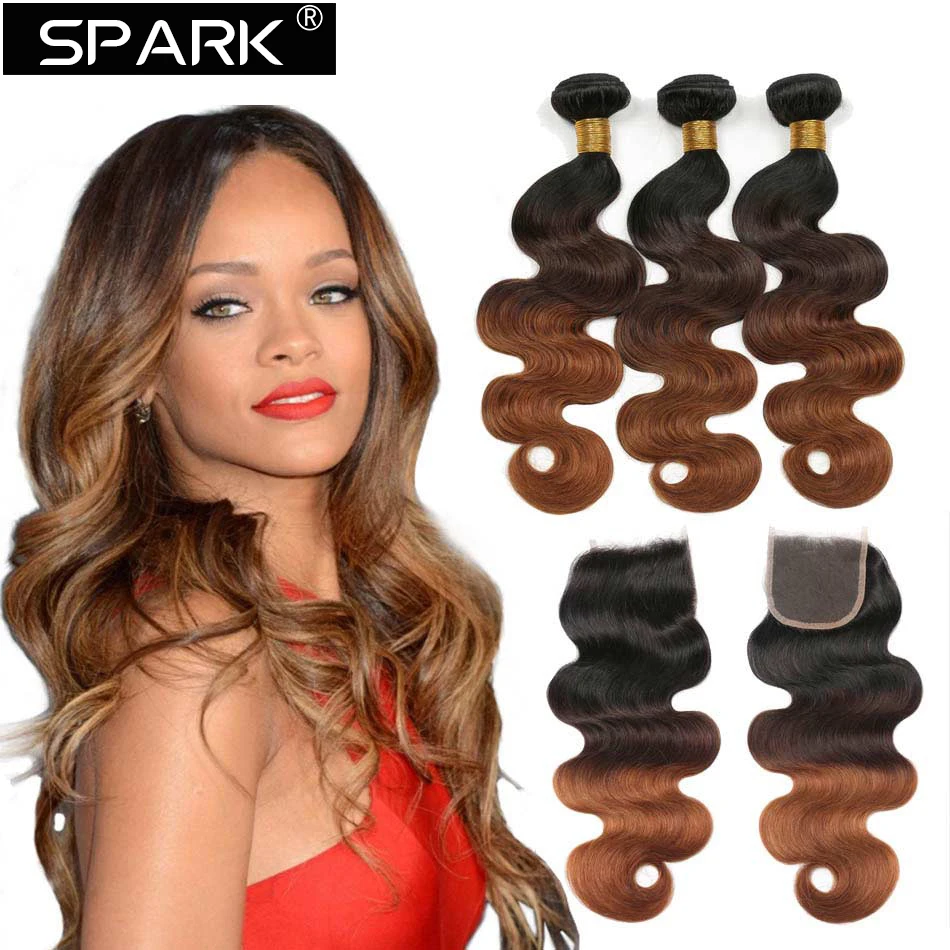 Spark Hair-Peruano Loose Body Wave Pacotes de cabelo humano com fechamento, cabelo remy para mulheres negras, cor marrom ombre