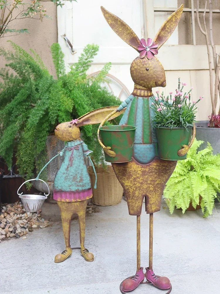 Outdoor Garden Big Ornaments Floor Courtyard Kindergarten Lawn Landscape Balcony Iron Flower Pot Rabbit Decoration
