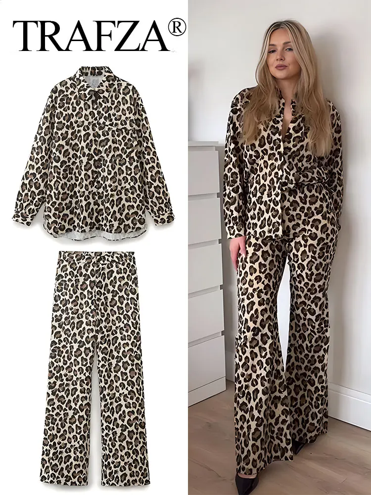 TRAFZA 2024 primavera nuova donna Leopard Print set maniche lunghe bottoni con risvolto camicia + vita alta Chic donna pantalone lungo Streetwear