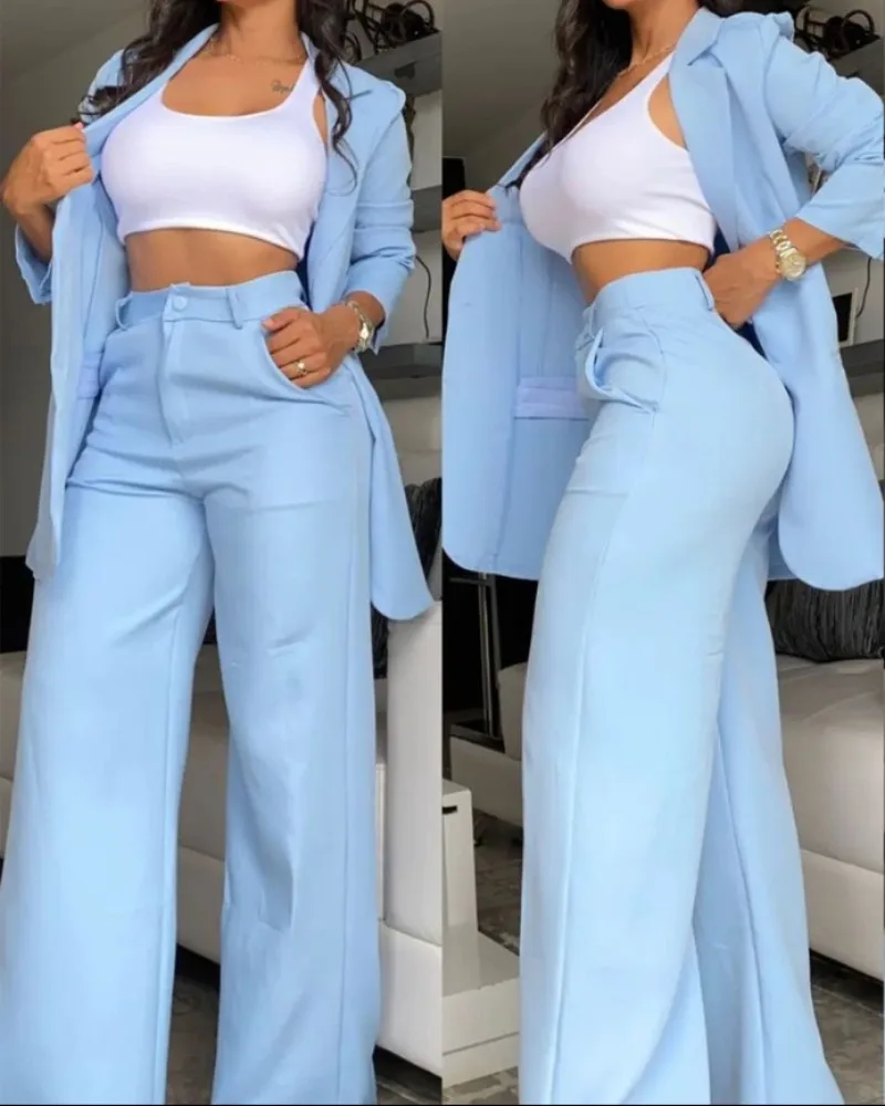 

Elegant Women's Blazer and Pants Two Piece Set Female Outifits Fashion Notched Collar Coat & Pocket Design Trouser Suit Spring