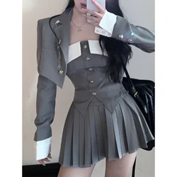 2024 Spring for Women Korean Style Gray Suit Coat + Pleated Mini Skirt Suit 2 Pieces Sets Tight-fitting Retro Y2k Suit