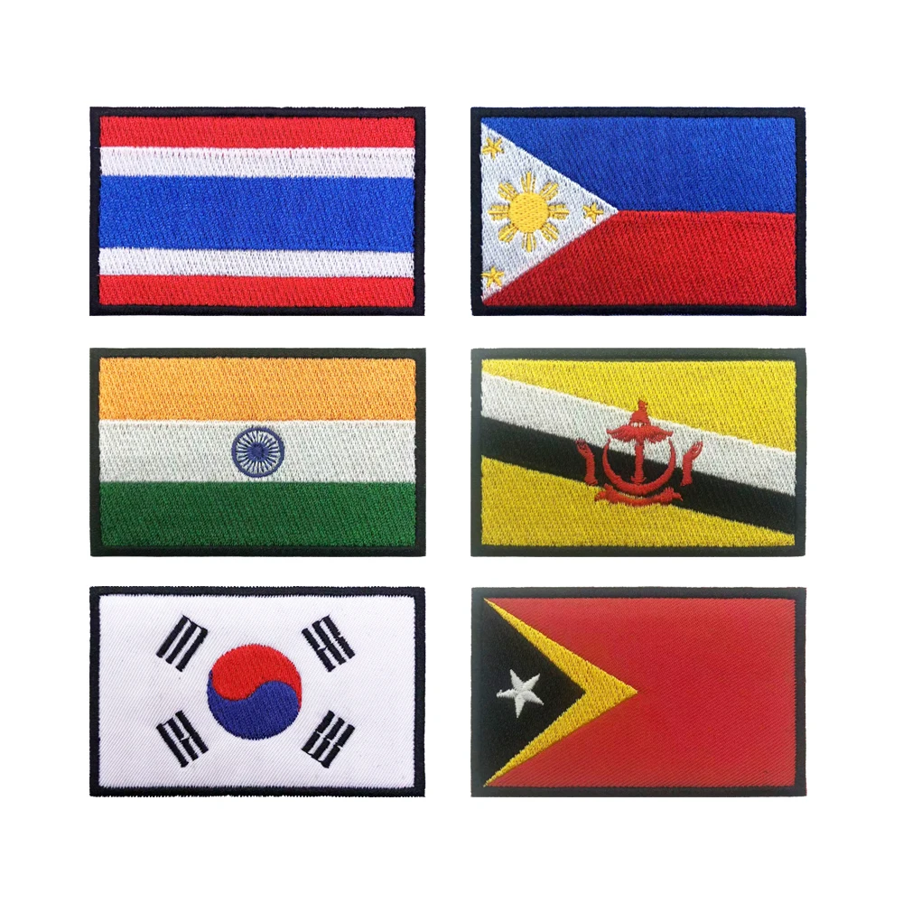 Thailand India South Korea Brunei Philippines East Timor Flag Embroidered Patch Badge Military Moral Stripe Hook&Loop Or Iron on
