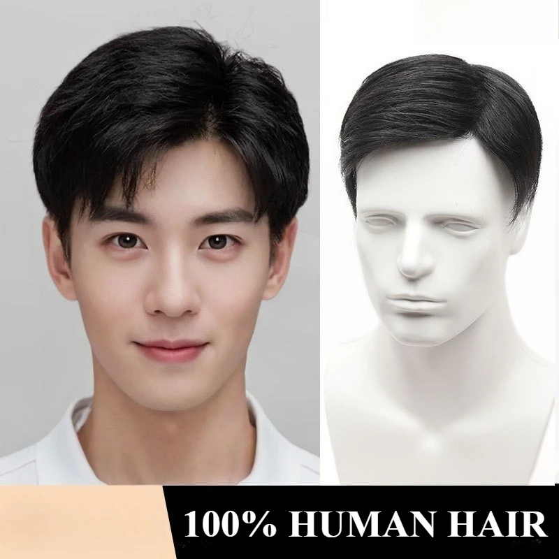 

3/7 Side Part Men Short Wig 100% Human Hair Lightweight Breathable Invisible Rotating Top Hair Patch Male Hair Replacement