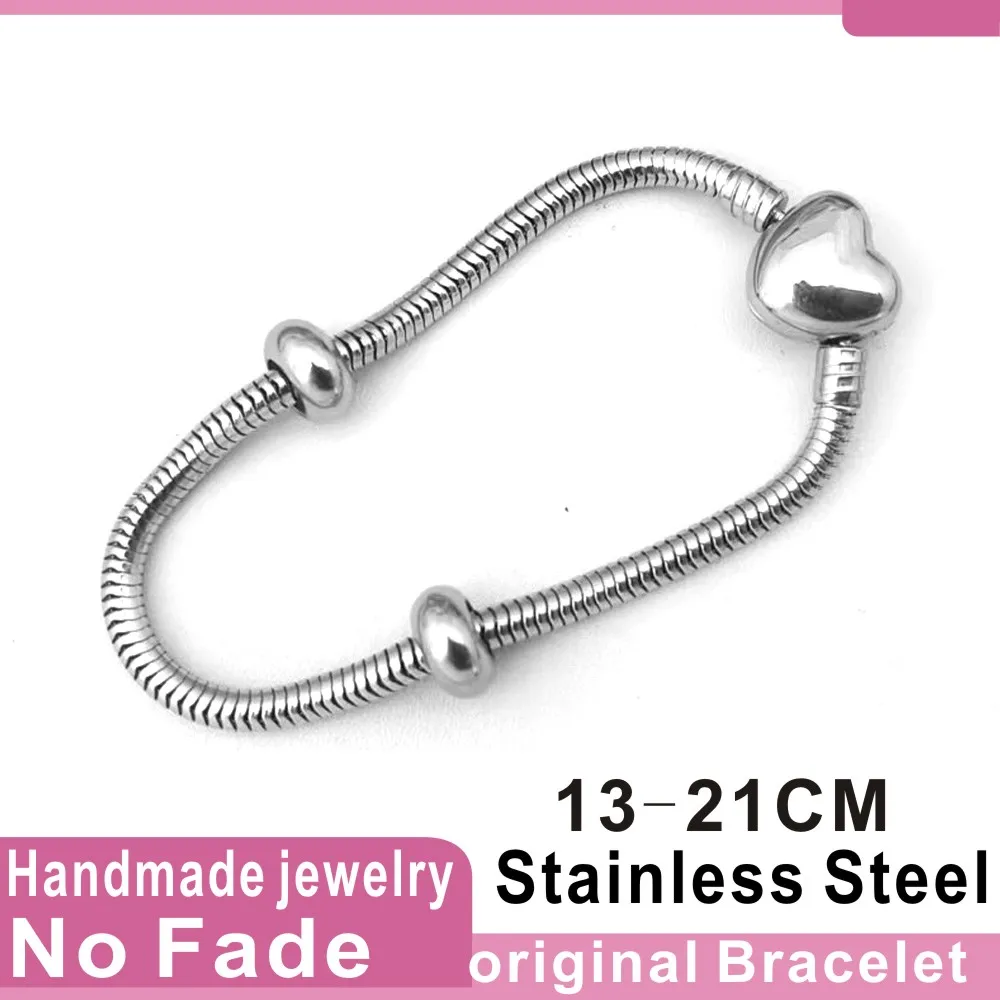 13-21CM Stainless Steel Heart Pandoraer Bracelets Fit DIY Charms Birthday Jewelry Children Gilrs Women Gifts Acero Inoxidable