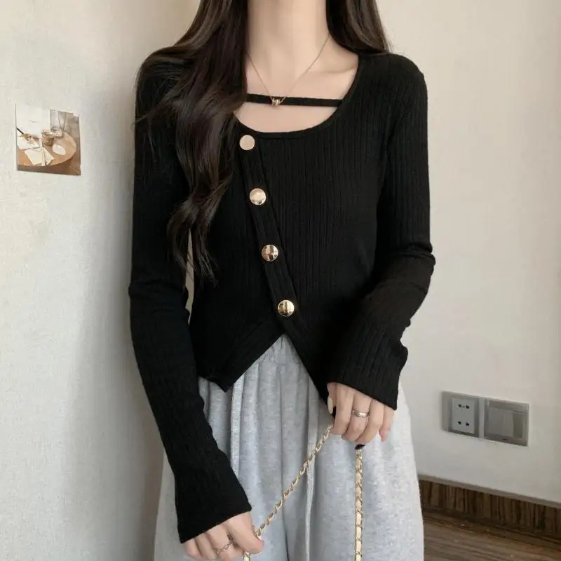 New Knitted Bottom Shirt French Style Unique Revealing Clavicle Top Irregular Long Sleeve T-shirt for Women