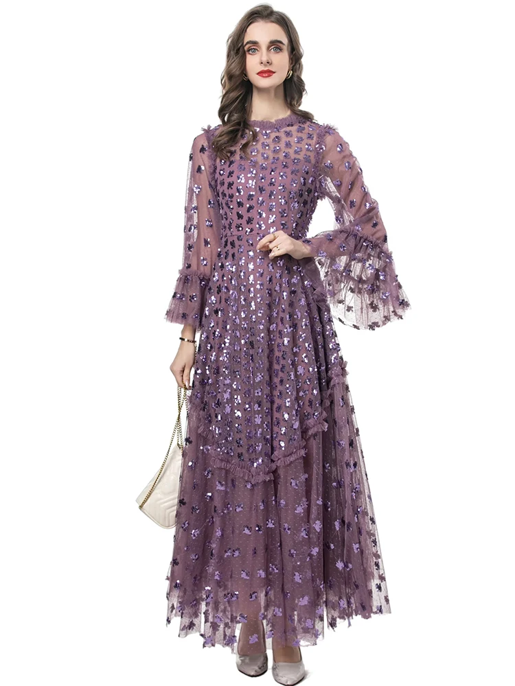 DLDENGHAN ผู้หญิง O-คอ Flare Sleeve เย็บปักถักร้อยตาข่ายสีม่วง Ball Gown ชุดเดรสยาวแฟชั่นฤดูใบไม้ผลิใหม่