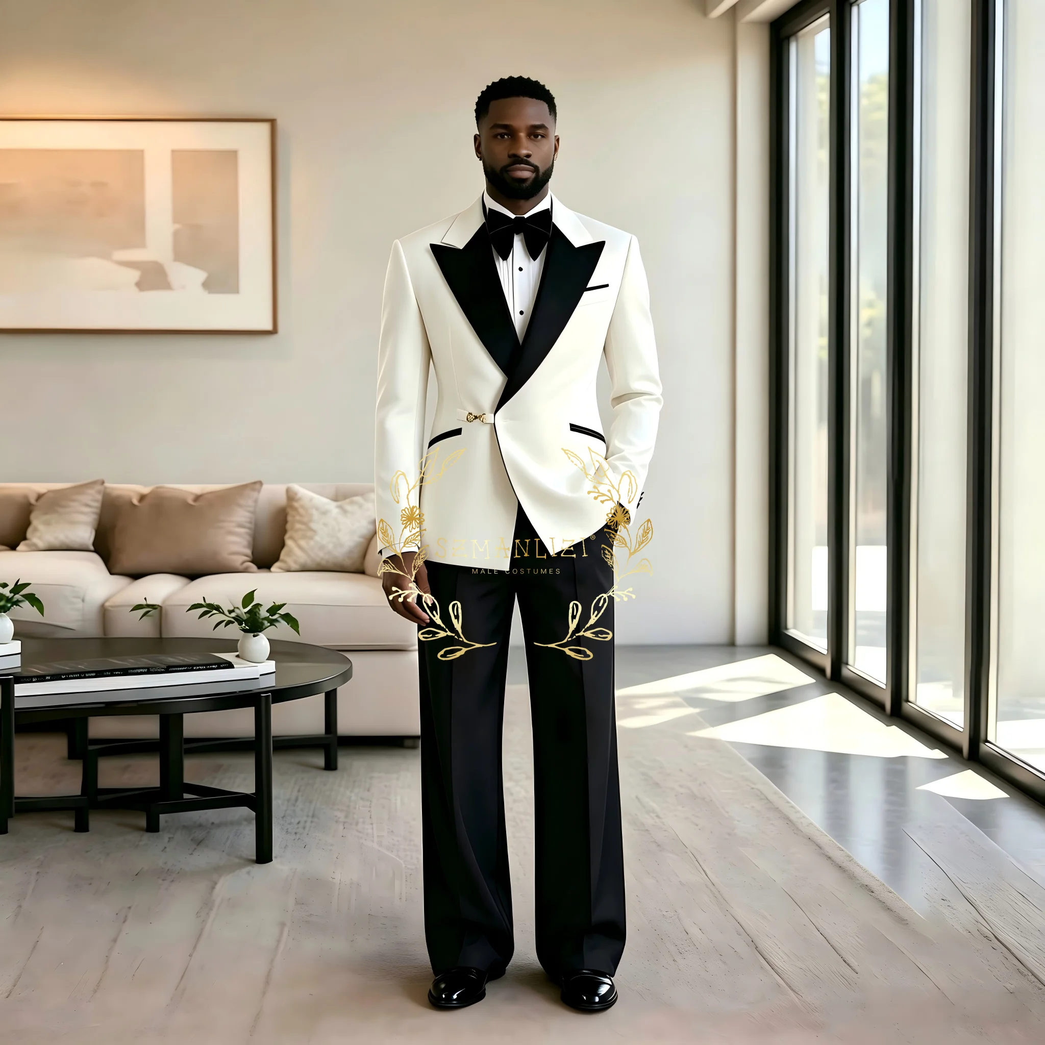Double Breasted Metal Buckle Men Suits Jacket Pants For Wedding Peaked Lapel Blazer Sets Business Party Prom Tuxedo Custom Made