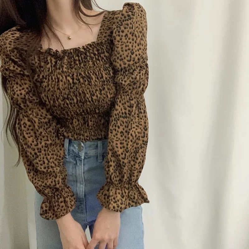 Temperament Square Neck Puff Long Sleeve Tops Vintage Pleated Shirt Korean Style Chic Leopard Print Blouse Blusas Mujer De Moda