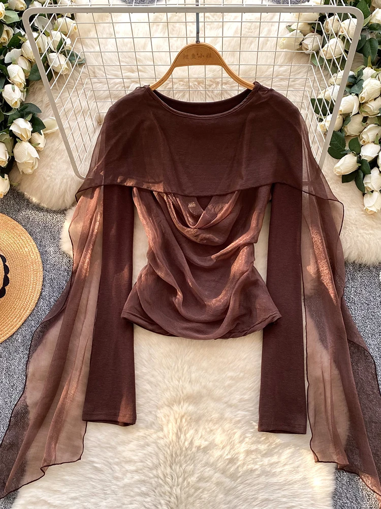 

Women Blouse Commuting One Shoulder Mesh Splicing Ribbon Long Sleeved Shirt Elastic Unique Pullover Top Blusa Female Tops BL309