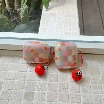 適用於 AirPods Pro2 Pro 3 2025 4 3 2/1 復古趣味撞色網格圖案番茄吊墜耳機保護套 10 最佳銷售 iPod 2 保護套 - №7