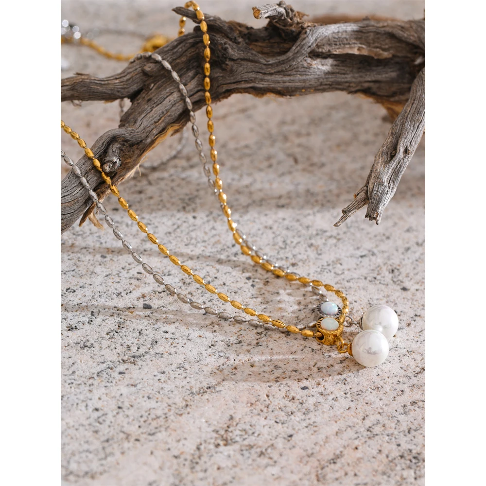 Yhpup New Korean Exquisite Australian Shell Stainless Steel Simulated Pearl Pendant Necklace Daily Versatile Chic Collar Jewelry
