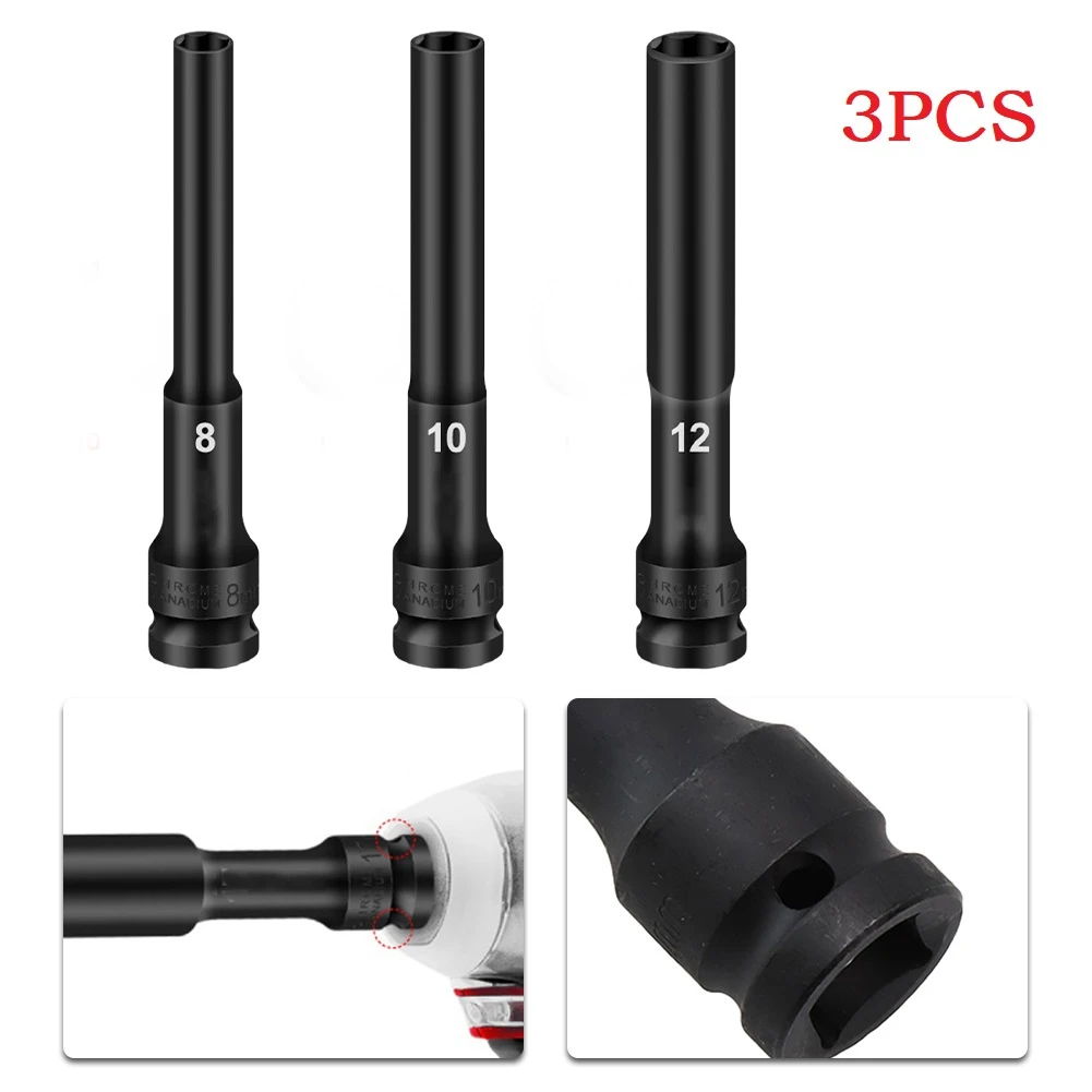 3PCS 1/2 Drive Socket Wrench Hex Socket Head 8-12mm Adapter Spanner Converter Deep Socket Head Adapter Tire Removal Tools