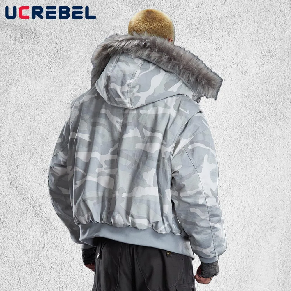 التمويه مقنعين سترة مبطنة رجالي الشتاء شارع العليا قطرة الكتف كم طويل فضفاض سميكة مبطن سترة رجل ملابس خارجية