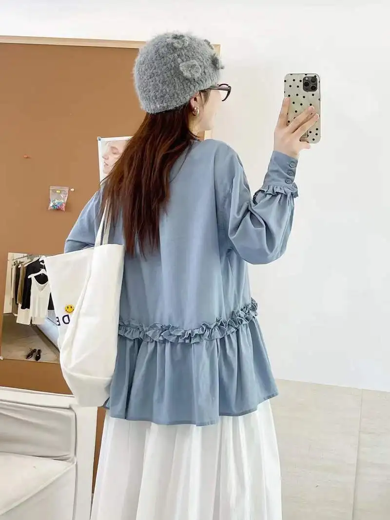 New 2025 Autumn Cotton Long Sleeve Shirt, Women Stand Ruffles Lace-up, Mori Girl French Retro Sweet Loose Doll Blouse T59946CC