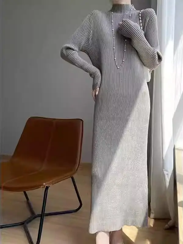 เสื้อไหมพรมถักยาวทรงตรง คอสูง ความยาวระดับเข่า สำหรับผู้หญิง แบรนด์ Dr เหมาะสำหรับฤดูใบไม้ร่วงและฤดูหนาว สวมใส่สบาย เหมาะกับการเดินทาง