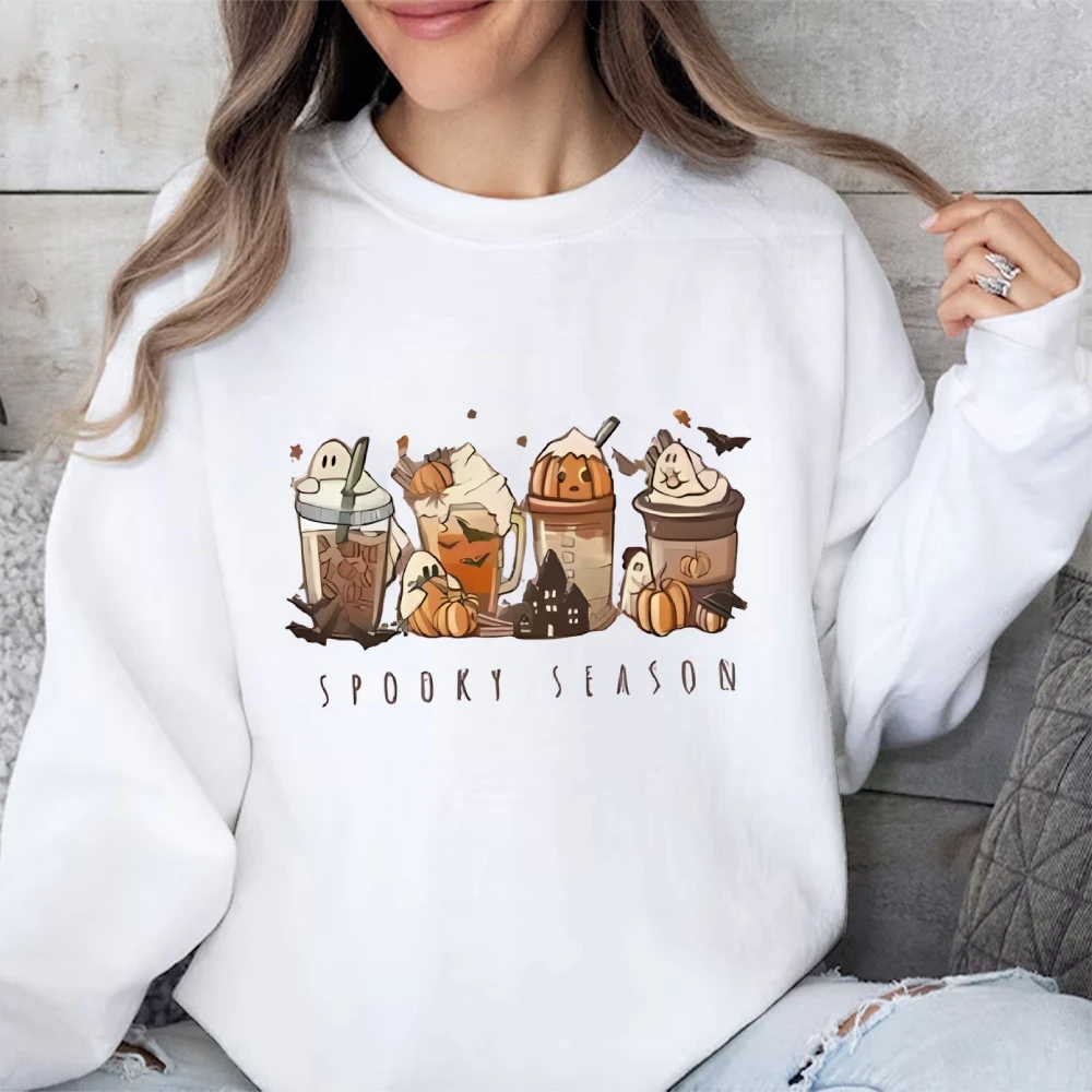 Spooky Season Graphic Women’s Halloween Autumn Winter Sweatshirt Pumpkin Ghost Ice Cream Drink Trendy Long Sleeve Lady Tops