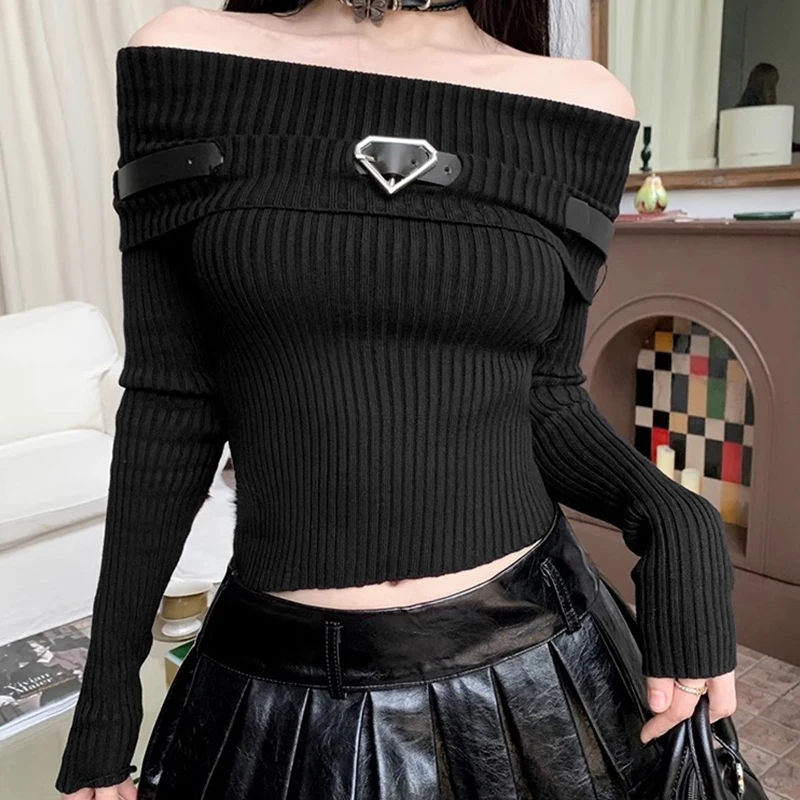 Sweet Women Off Shoulder Knitted Crop Tops Long Sleeve Slim Fit Belt Sweaters Autumn Ribbed T-Shirts Korean Harajuku Streetwear