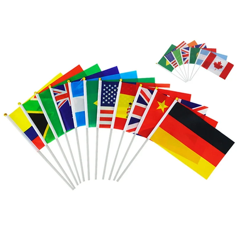 32 Countries Hand Waving Flag 10pcs Hand Flag 14*21cm Polyester Small Hand Waving Flag with Plastic Flagpole for Decoration