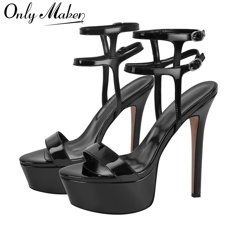 Onlymaker Peep Toe Platform Black Ankle Strap Stiletto Thin High Heels Party  Dress Big Size Stiletto Sandals