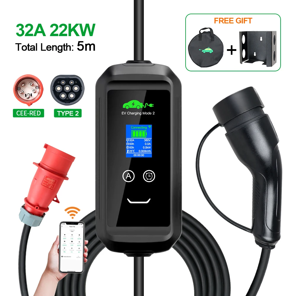ISIGMA 32A 22kw Type2 Draagbare EV-oplader IEC 62196-2 Tuya APP Timer EVSE Opladen Type2 Plug Wallbox Elektrische auto 5M kabel